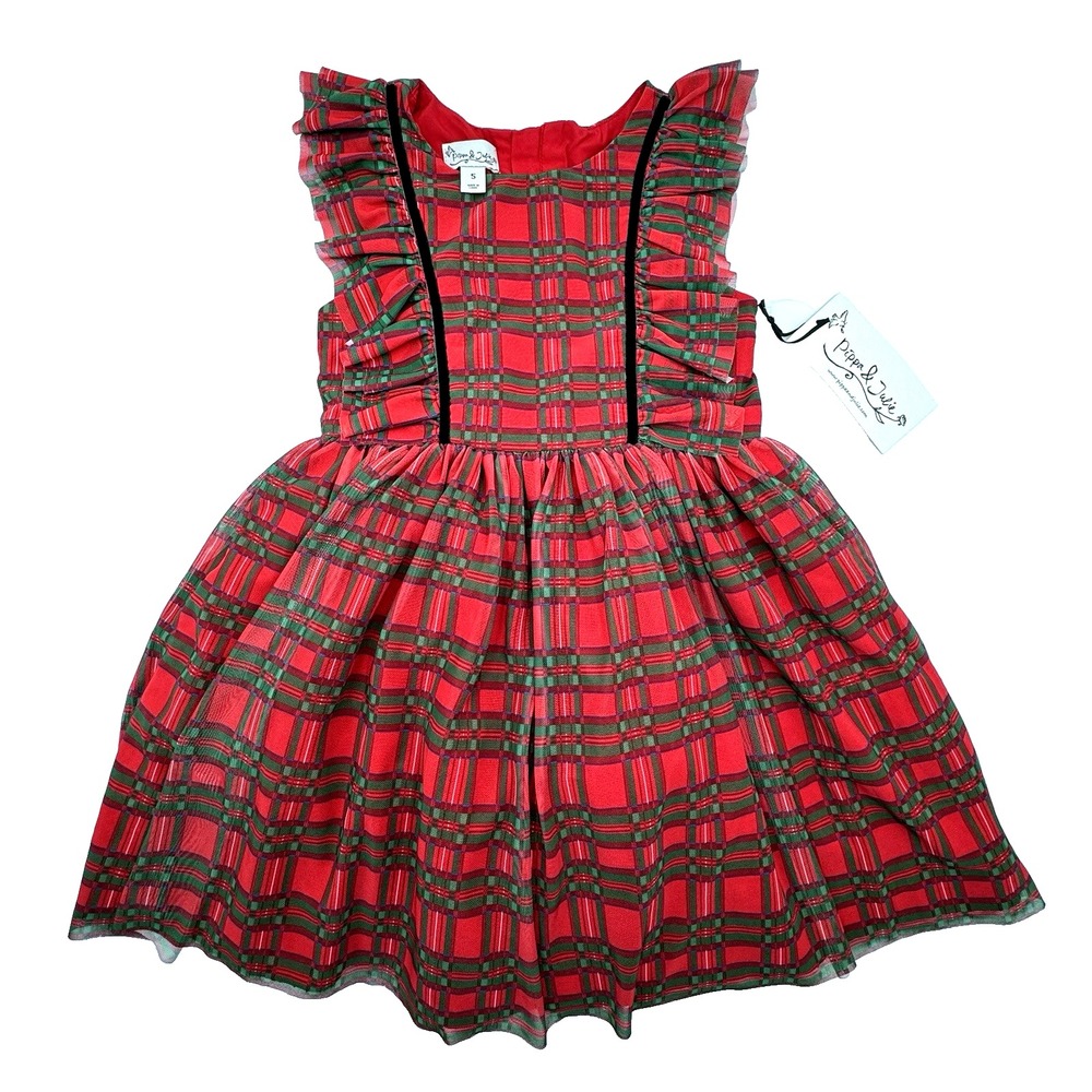 NEW Pippa & Julie Girls Cynthia Red Plaid Ruffle Holiday Dress Size 5 Flutter